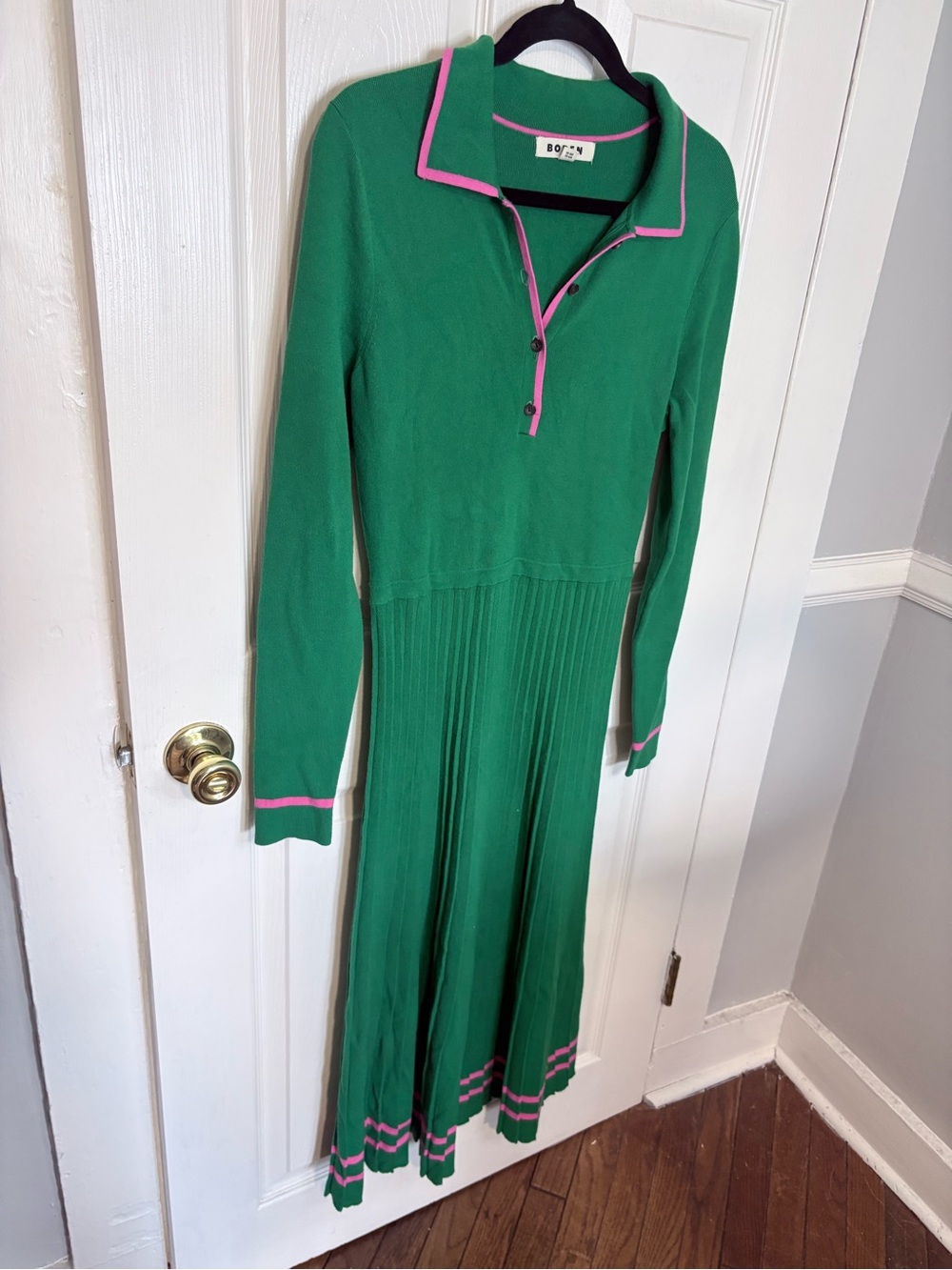 Boden Mollie Green Pink Trim Pleated Knit Midi Dress US 8 UK 12 - Picture 4 of 13